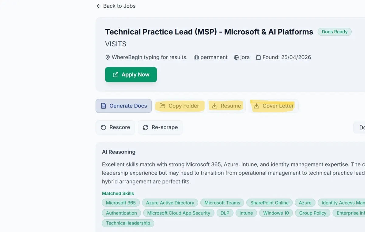 JobMaster dashboard showing tailored resume and cover letter ready to download