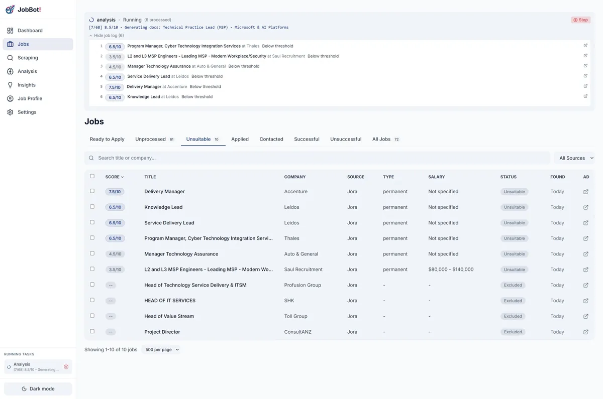 JobMaster scoring jobs against your profile with confidence ratings