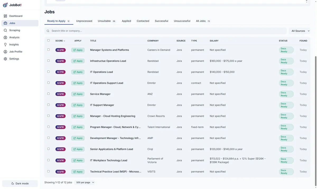 JobMaster dashboard with a full list of jobs ready to apply