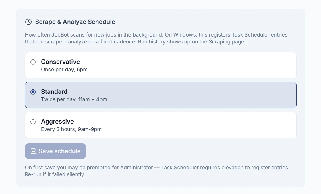 JobMaster scheduled run settings for morning, afternoon and overnight scrapes